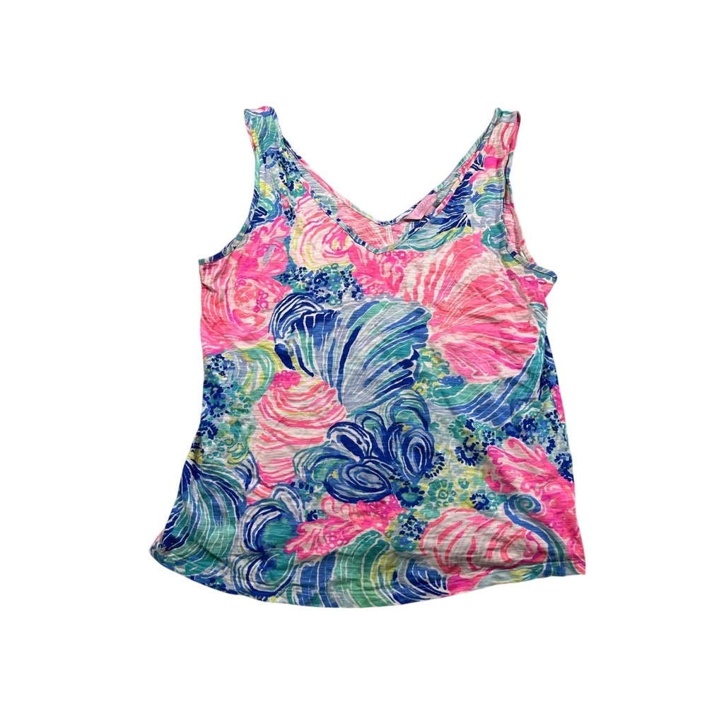 Lilly Pulitzer Large Sleeveless Tank Top Pink Blue Tropical Floral Knit